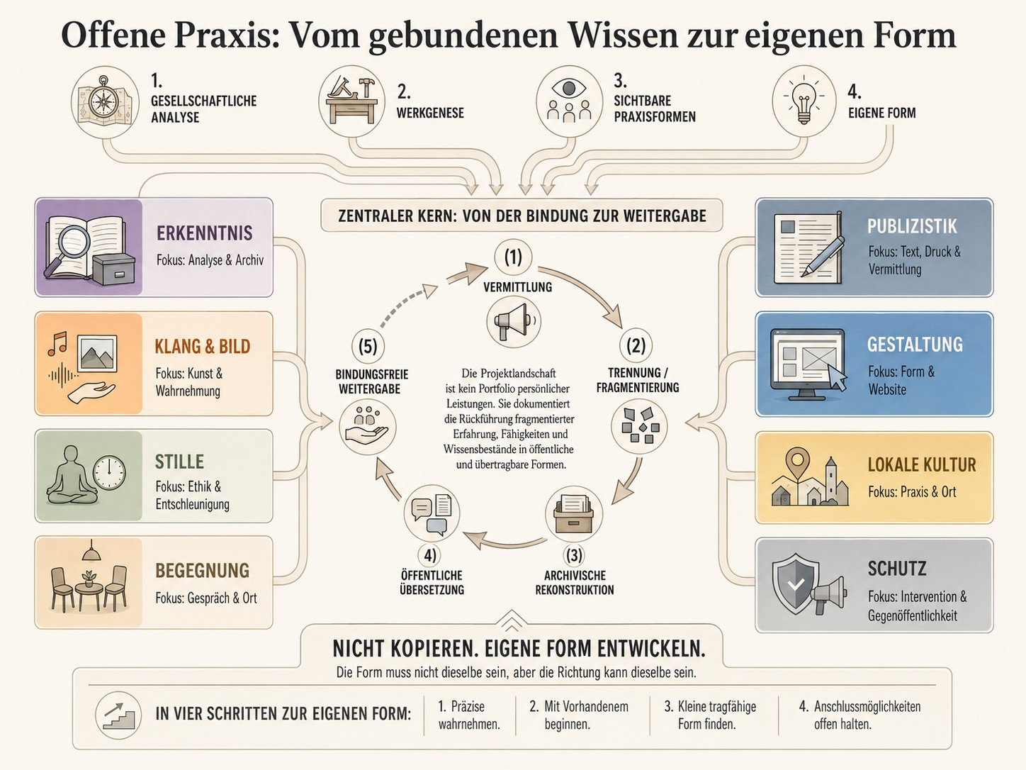Infografik der Offenen Praxis mit vier Einstiegspunkten, zentralem Kern von der Bindung zur Weitergabe und seitlich andockenden Praxisfeldern.
